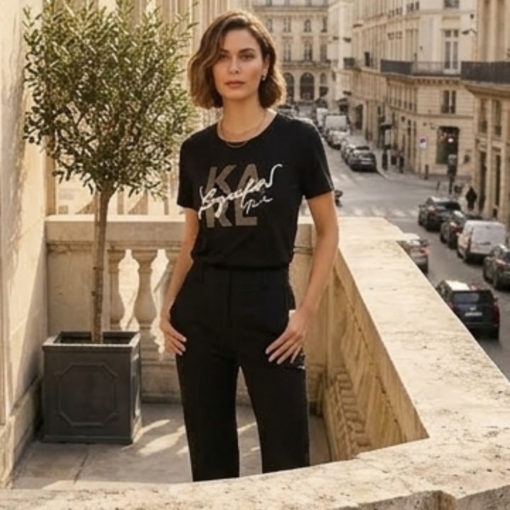 KARL LAGERFELD Black With Rhinestone Studed Logo Top Size 2XL